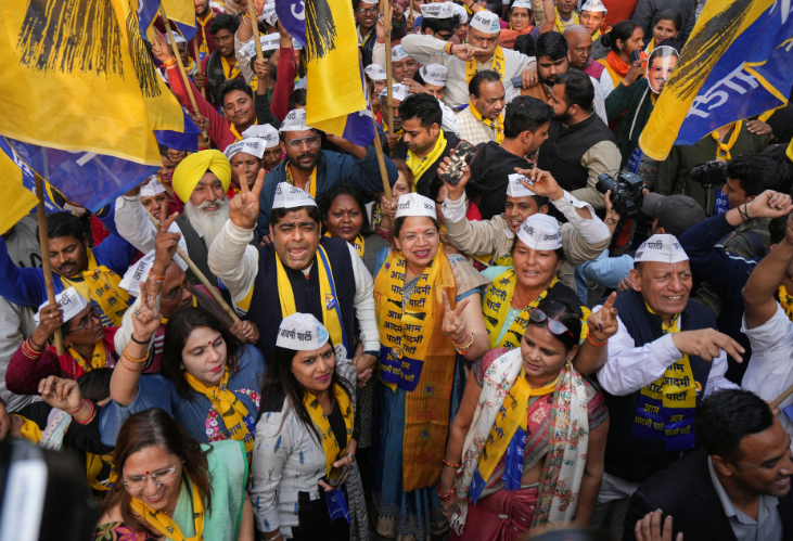MCD poll counting: Sounds, songs and colour at AAP office amid trends seesaw